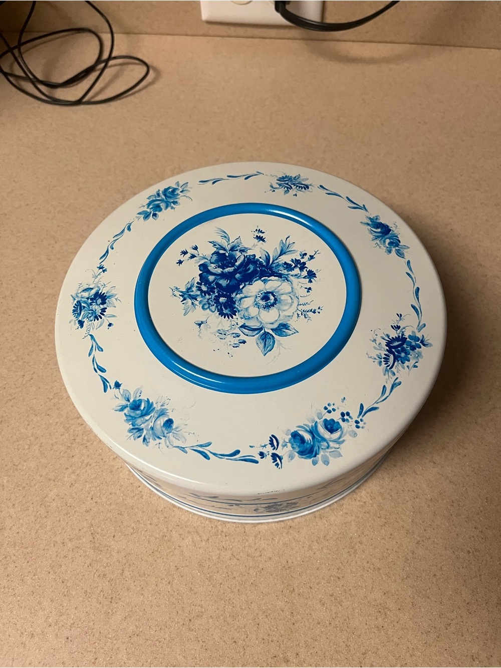Vintage Floral Tin Container - Turquoise Blue & White